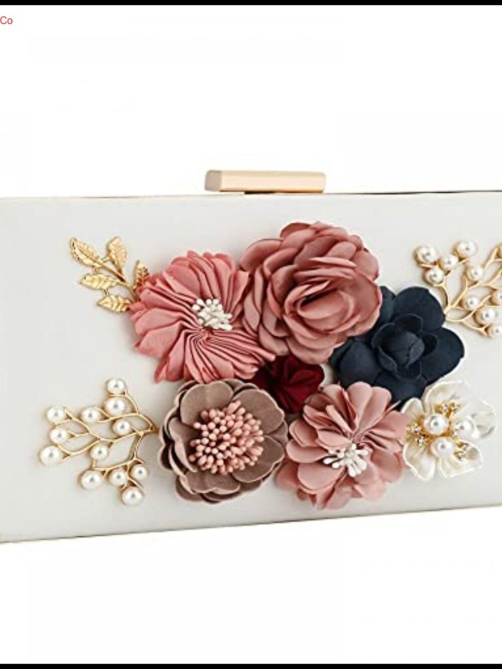 PU Leather Floral Beaded Clutch Crossbody Evening Bag with Detachable Chain